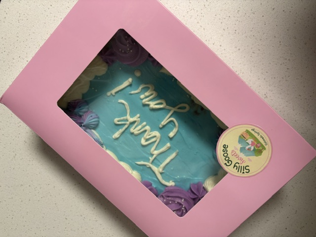Custom Thank You cookie cake in a pink Silly Goose Sweets box